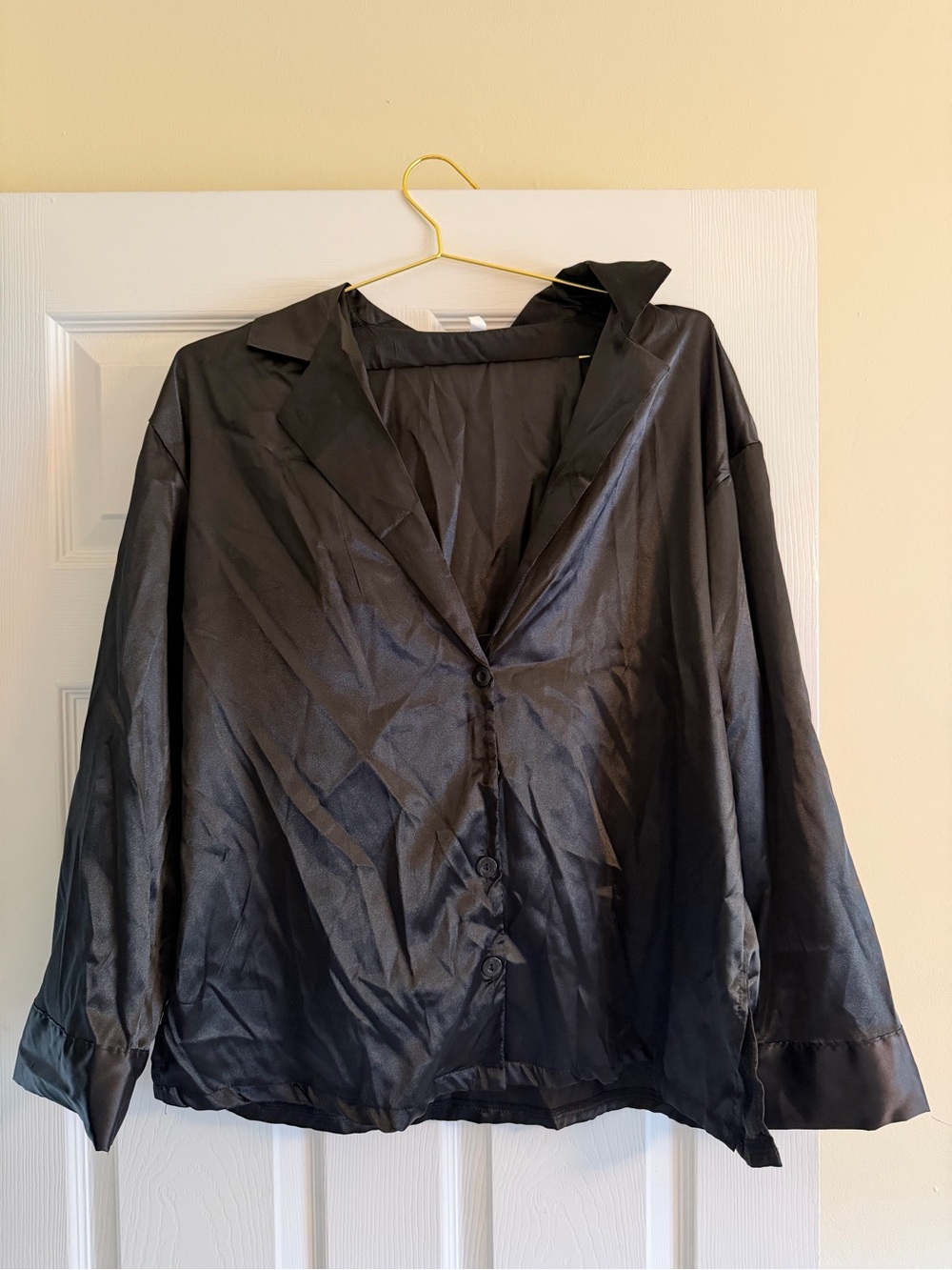 Women's Black Satin Button-Front Sleep Shirt